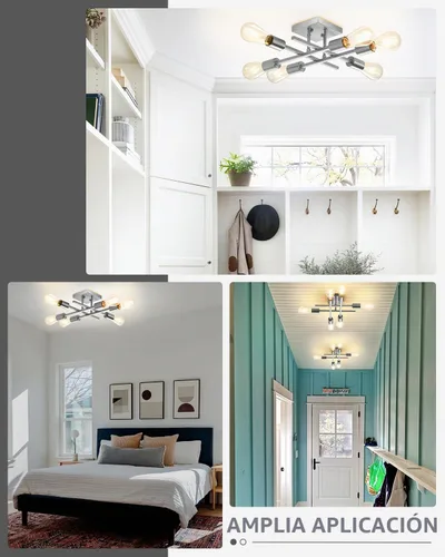 Vista 4 de Lámpara de techo semiempotrada de 6 luces, moderna lámpara Sputnik de níquel cepillado, lámpara de techo de granja E26, cocina, dormitorio, sala