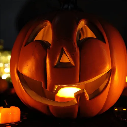 Vista 5 de Homemory Luces LED brillantes de calabaza de Halloween con control remoto y temporizador, luces de linterna Jack O' funciona con pilas para Naranja
