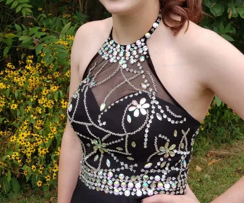 Vista 4 de LEJY Vestido corto de graduación con cuentas halter, para mujer, de graduación, 2019