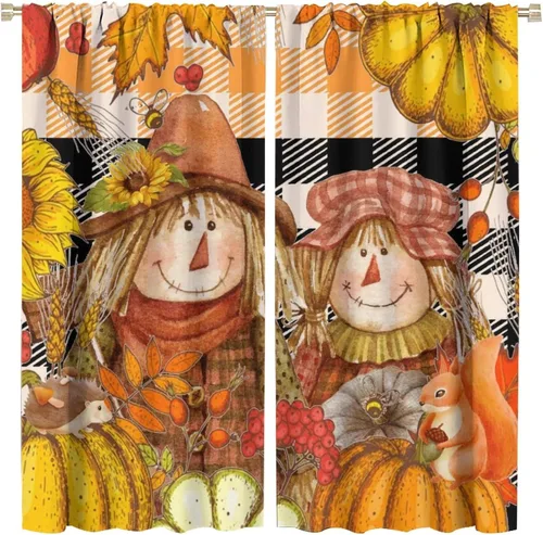Vista 15 de Divertidas cortinas opacas de calabaza y espantapájaros para sala de estar, rústicas de otoño, hojas de arce, girasol, cosecha de otoño, puesta