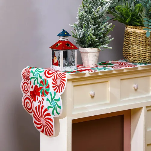 Vista 7 de Kingdder Camino de mesa de Navidad con bastón de caramelo, menta, rojo, blanco, verde, piruleta, moño, mantel de mesa, decoración de fiesta