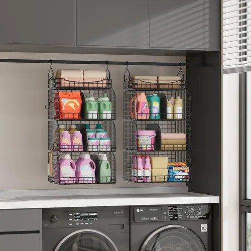Vista 8 de SWTYMIKI Organizador de armario colgante – 4 estantes apilables de metal con divisores y ganchos en S, estantes plegables para ropa, pantalones