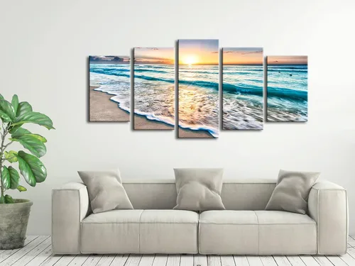 Vista 3 de Pyradecor 5 paneles azul playa amanecer ola blanca imágenes pintura sobre lienzo arte de pared moderno paisaje marino Giclée impresiones sobre
