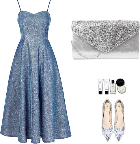 Vista 6 de Queena Bolso de mano de noche brillante con purpurina para mujer, bolso de mano con cadena para boda, fiesta, graduación, regalo para mamá, esposa
