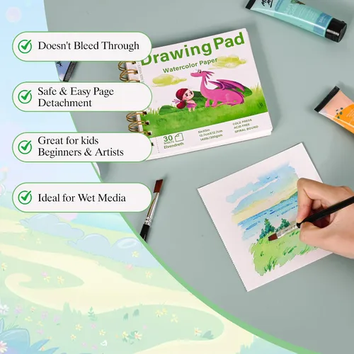 Vista 4 de Elvendreth Cuaderno de papel para acuarela 5x5 pulgadas, 30 hojas de papel prensado en frío (140 lb/300 g/m²), encuadernado en espiral/línea