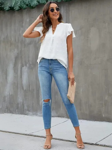 Vista 5 de Blooming Jelly Blusa blanca para mujer cuello en V manga con volantes camisas fluidas elegantes casuales lindas camisetas de verano