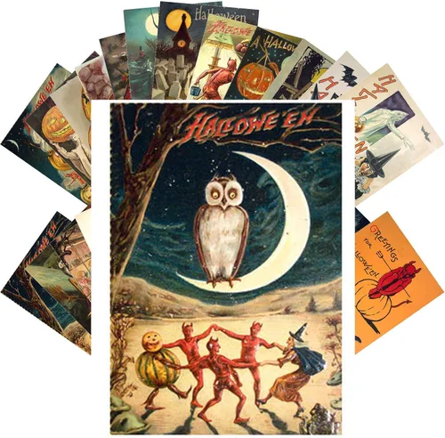 Vista 8 de PIXILUV Lindas tarjetas postales de Halloween, 24 tarjetas postales, brujas, gato negro, calabaza aterradora, tarjetas de felicitación vintage