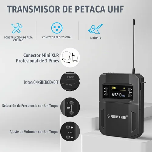 Vista 3 de Phenyx Pro UHF - Sistema de micrófono inalámbrico con frecuencias sintonizables de 2 x 30, juego de micrófono inalámbrico de metal, rango de 200