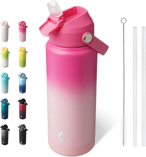 Vista 47 de BJPKPK - Botella de agua aislada con tapa de popote, 532 ml Botellas termo con boquilla suave, asa flexible y base antideslizante, libre de BPA, a
