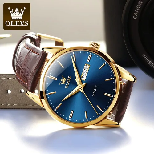 Vista 9 de OLEVS Tienda Watches, reloj de cuero marrón para hombre, reloj de fecha para hombre, reloj luminoso para hombre, reloj de vestir para hombre, reloj