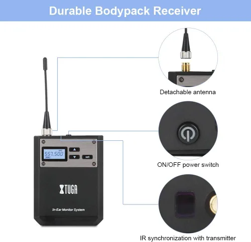 Vista 4 de XTUGA IEM1100 Wireless in Ear Monitor System, UHF IEM System (1 Bodypack) Single Channel, 250FT Operating Range, Compact Mono Professional In Ear