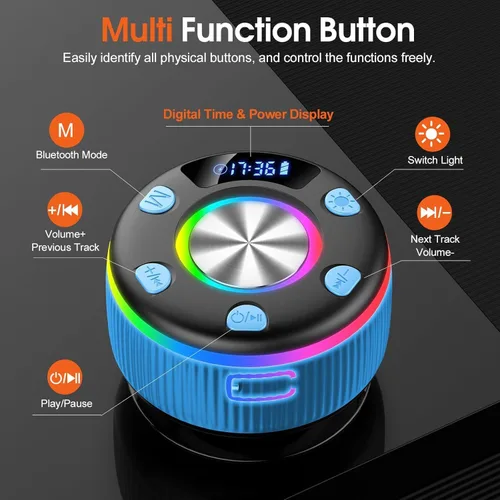 Vista 2 de Altavoz de ducha Bluetooth, IP7 impermeable, portátil, Bluetooth 5.3 con ventosa, mini altavoz inalámbrico con luces RGB, pantalla de tiempo, sonido