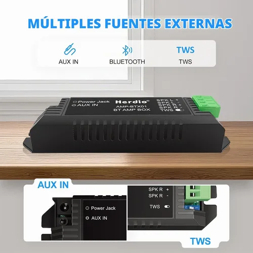 Vista 2 de Herdio Amplificador de audio para el hogar Bluetooth 2.0 Sistema receptor de canales para altavoces pasivos con AUX TWS adecuado para techo, marino