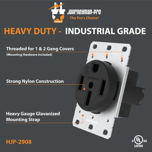 Vista 2 de Journeyman-Pro NEMA 14-50 de grado comercial/industrial aprobado por la U.L. 50 AMP 240V Receptáculo de pared 50 A para vehículos recreativos