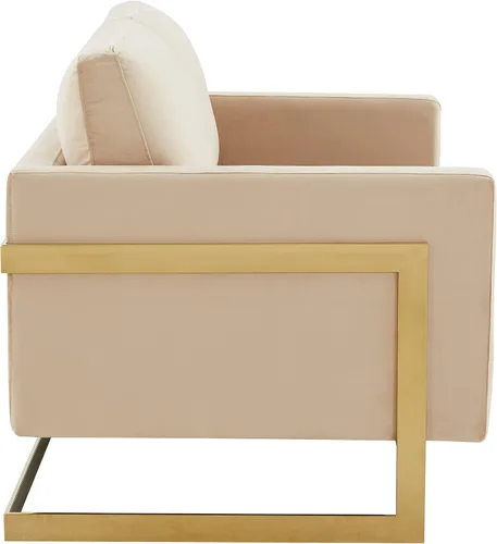 Vista 6 de LeisureMod Lincoln Modern Mid-Century - Sofá biplaza tapizado de terciopelo con marco dorado, color beige