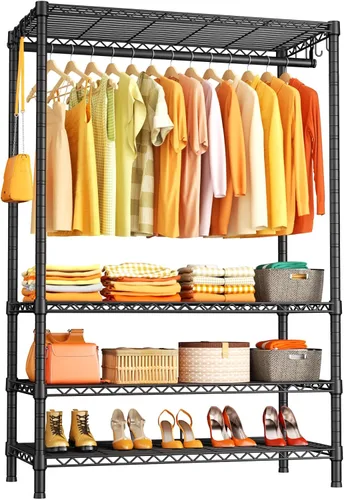 Vista 10 de Ulif H2 - Perchero resistente para ropa de 4 niveles independiente, estante para colgar ropa con estantes y perchas, organizador de clóset y sistema