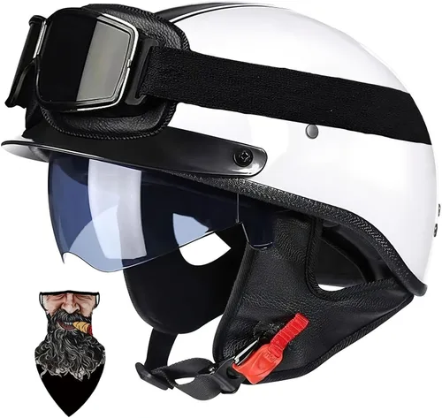 Vista 13 de Casco Moto Retro Vintage Jet Medio para Hombre y Mujer Adultos, DOT Homologado, Ventilación Dual, Visera Retráctil y Desmontable, Apto para Patinete