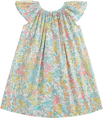 Vista 2 de Simplee kids Vestido casual para niñas pequeñas, vestido fruncido con estampado floral para primavera y verano de 1 a 6 años