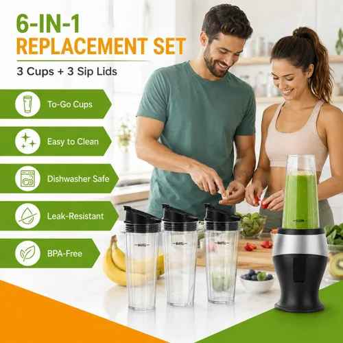Vista 8 de Vasos de repuesto de 16oz para licuadora Ninja - Paquete de 3 vasos de licuadora Ninja con tapas, compatibles con Ninja QB3001SS, BL770, BL780