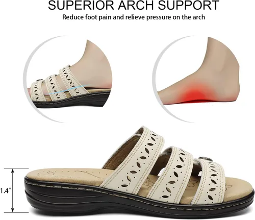 Vista 5 de Sandalias de cuero cómodas para mujer, ligeras, planas, bonitas, sin cordones, informales, para caminar Beige