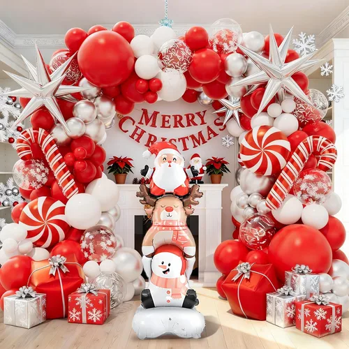 Vista 5 de Kit de arco de guirnalda de globos de Navidad con globos rojos y blancos plateados, globos de confeti, dulces, bastón, estrella de explosión, caja