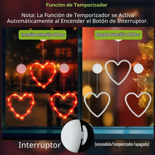 Vista 5 de 3 luces de ventana para el día de San Valentín, decoración de ventana con forma de corazón rojo, funciona con pilas, luces románticas colgantes