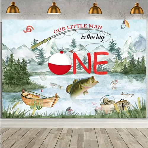 Vista 4 de Fondo de fotografía de Our Little Man is The Big One Wild Gone Fishing Background Boy First One Birthday Party Decor Baby Shower Fisherman Party