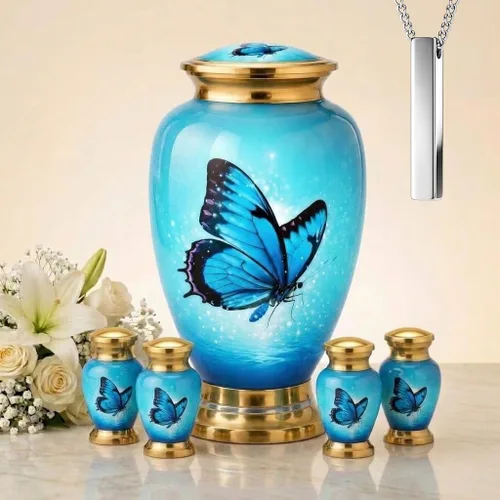 Vista 12 de Juego de 6 urnas de cremación decorativas personalizadas con diseño de mariposa azul para cenizas humanas, incluye 1 urna grande para cenizas