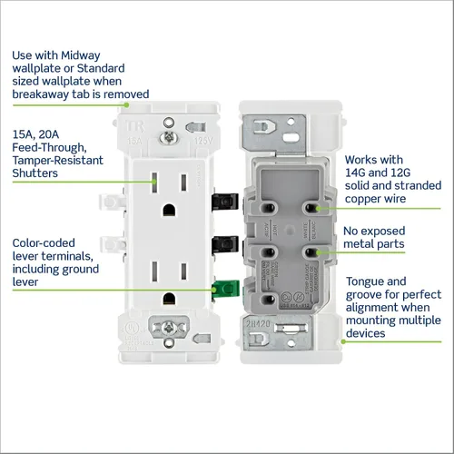 Vista 4 de Leviton Lever Edge - Tomacorriente de pared dúplex resistente a manipulaciones de 15 A, paquete de 10, E5325-MW, color blanco