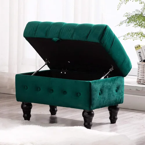 Vista 12 de Mesa de Centro Otomana de Almacenamiento Rectangular, Reposapiés Otomana de Dormitorio con Tapicería de Terciopelo Abotonado Capitoné para Sala