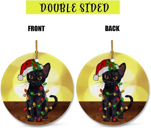 Vista 3 de Bonito adorno de cerámica de gato negro, divertidas decoraciones de Navidad para árbol, adorno colgante de Navidad para amantes de los gatos