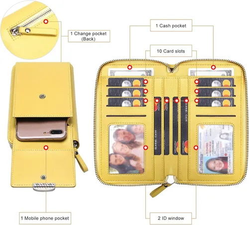 Vista 4 de KUKOO Small Crossbody Bag Cell Phone Purse Wallet with Credit Card Slots for Women A- Versión mejorada con cremallera amarilla