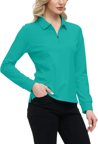 Vista 61 de JINSHI Polo de golf para mujer, de manga larga, con cremallera, deportiva, de secado rápido, atlética, casual, ajustada