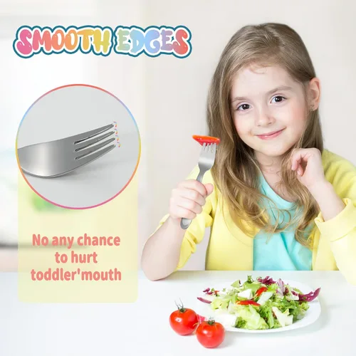 Vista 4 de 4 tenedores de acero inoxidable para niños pequeños, tenedores seguros para autoalimentarse, tenedores para bebés con diseño láser colorido, apto