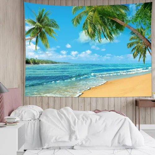 Vista 5 de HVEST Tapiz de playa para colgar en la pared, paisaje tropical azul océano, tapiz natural para dormitorio, palmera verde con cielo azul, nube