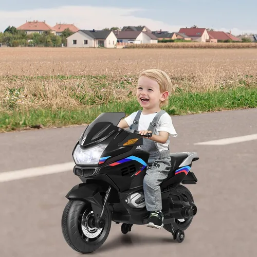 Vista 8 de HONEY JOY Motocicleta para niños de 12 V, vehículo eléctrico a batería para niños, ruedas de entrenamiento, luces LED, pedal de pie, suspensión