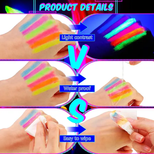 Vista 5 de Handepo 24 piezas de crayones de pintura facial que brillan en la luz negra, kit de pintura de luz UV, kit de pintura fluorescente de Halloween