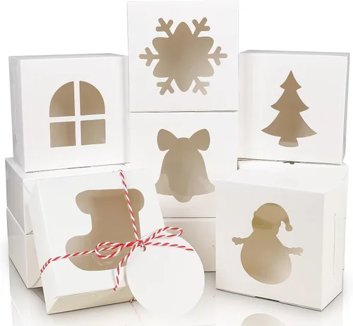 Vista 14 de COTOPHER 18 cajas de galletas de Navidad con ventana, 10 x 10 x 2.5 pulgadas, cajas de panadería marrones para regalo, cajas de postre de papel