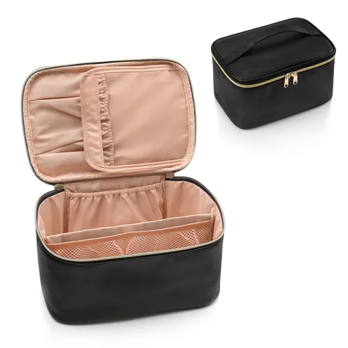 Vista 8 de OCHEAL Bolsa de maquillaje, bolsa de cosméticos portátil, organizador de maquillaje de viaje de gran capacidad, color negro para mujeres, bolsa
