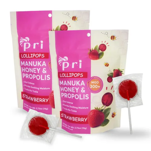 Vista 7 de P.R.I Miel de Manuka con Própolis, Certificada MGO 300+ – Piruletas para calmar la garganta, sabor saúco, (24 piruletas, 184 g)