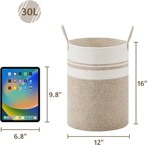 Vista 5 de VIPOSCO Cesta de lavandería tejida pequeña de 30L, color marrón y blanco