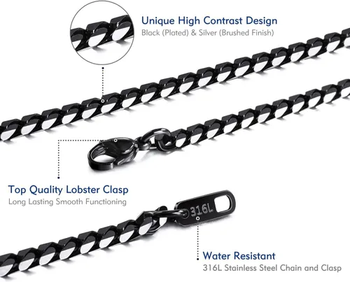 Vista 2 de MOWOM Collar de cadena negra para hombres y mujeres, resistente al agua, acero inoxidable 316L, cadenas de eslabones cubanos grandes y gruesas