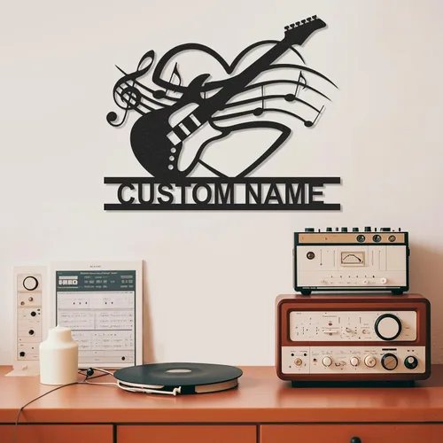 Vista 14 de Letrero de metal personalizado de guitarra, letreros de metal personalizados, decoración de pared de notas musicales, arte de pared divertido