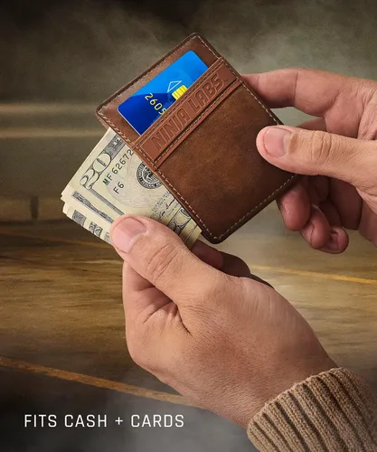 Vista 4 de GO Wallet (se adapta a 7 tarjetas + dinero en efectivo + bolsillo oculto), Vaquero Bio-Cuero, Estuche para tarjetas