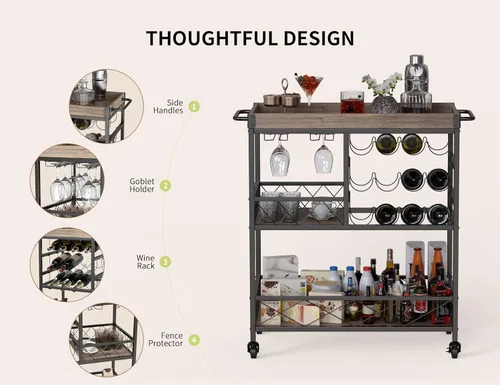 Vista 7 de Gizoon Carrito de barra rodante, un carrito de bebidas versátil con una bandeja extraíble, estante para vino para 12 botellas y soporte para vasos