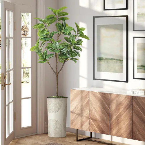 Vista 8 de Árbol artificial en maceta de diseño opcional, palmera tropical areca falsa de seda para decoración del hogar en interiores y exteriores, altura