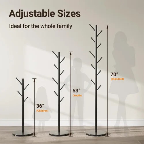 Vista 2 de ELYKEN - Perchero independiente con base de mármol natural, soporte de metal con 10 ganchos, árbol de abrigos con 3 tamaños ajustables para bolsos