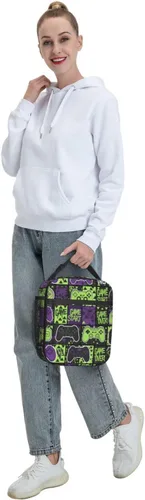 Vista 7 de Bolsa de almuerzo aislada con control de juegos morado y verde para adultos, mujeres y hombres, a prueba de fugas con asa de hebilla desmontable 8