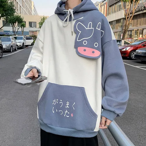 Vista 4 de Sudadera con capucha Kawaii de vaca de anime para hombres y mujeres, preppy Harajuku, letra japonesa, linda luz Academia Alt, dibujos animados