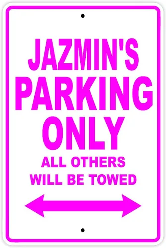 Vista 4 de Letrero de aluminio de metal con texto en inglés "Jazmin's Parking Only All Others Will Be Towed Name", Verde Green